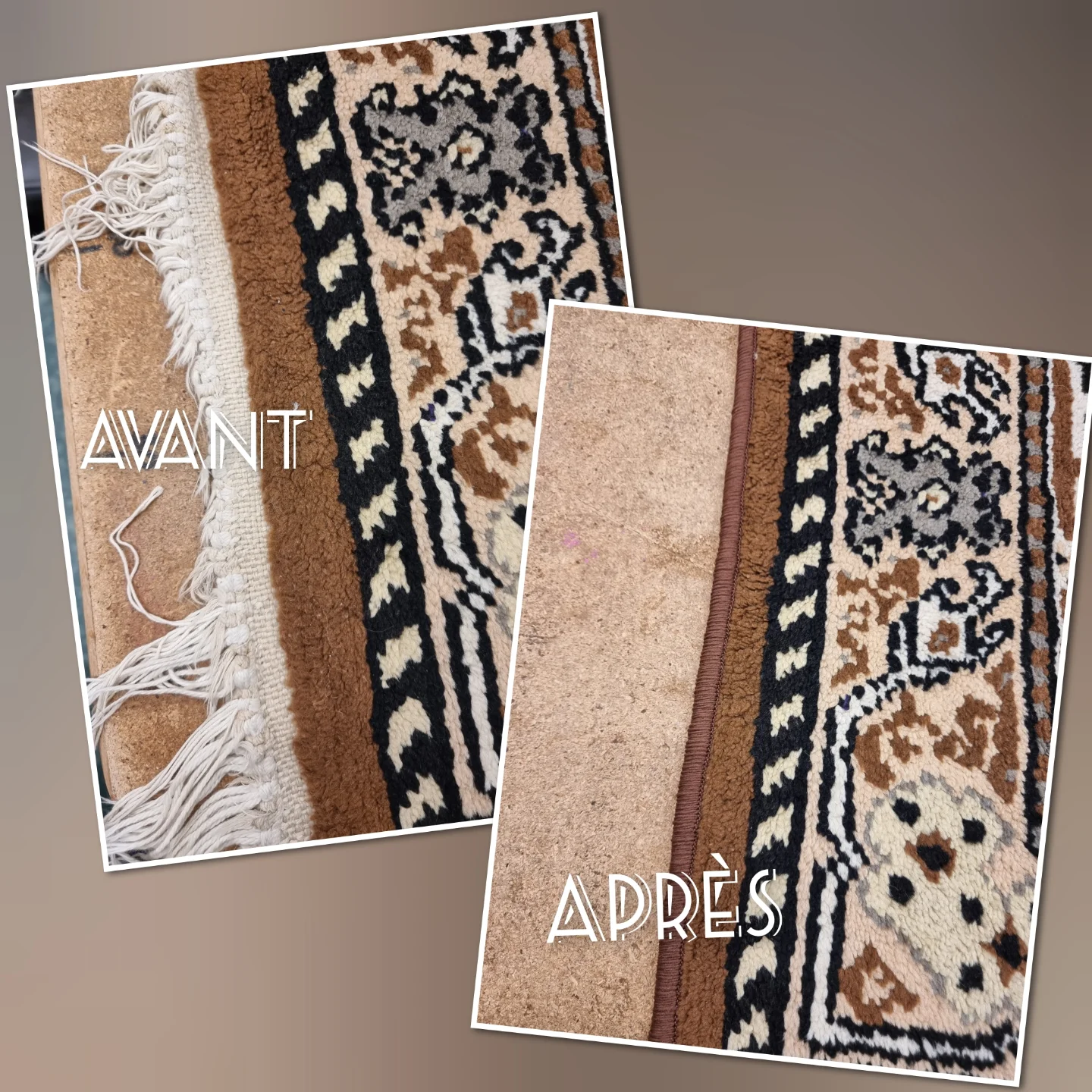 Avant après : bordage à la main d'un tapis d'Orient, suppression des franges