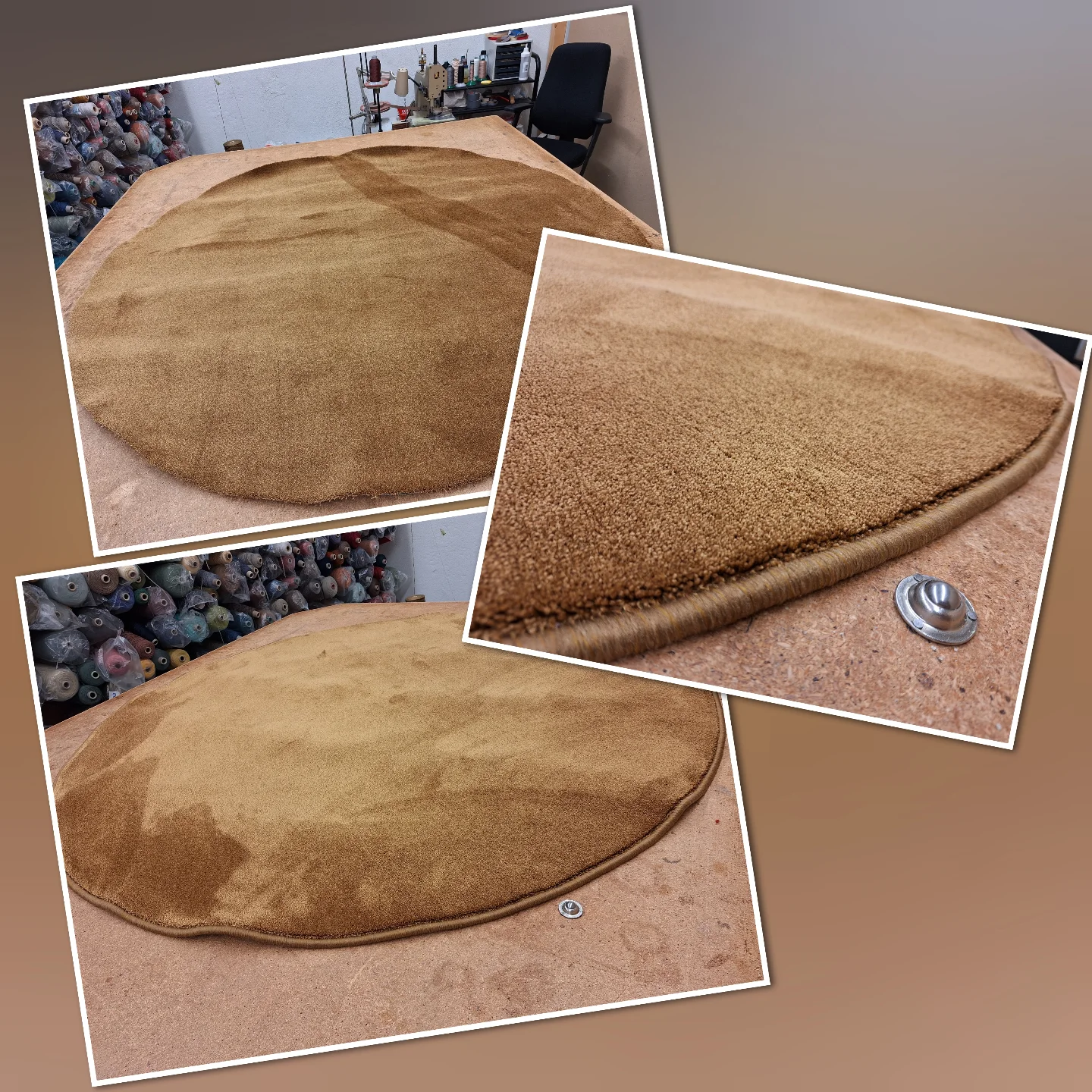Atelier de bordage de tapis à Monthey, travail cousu main sur une pièce ronde