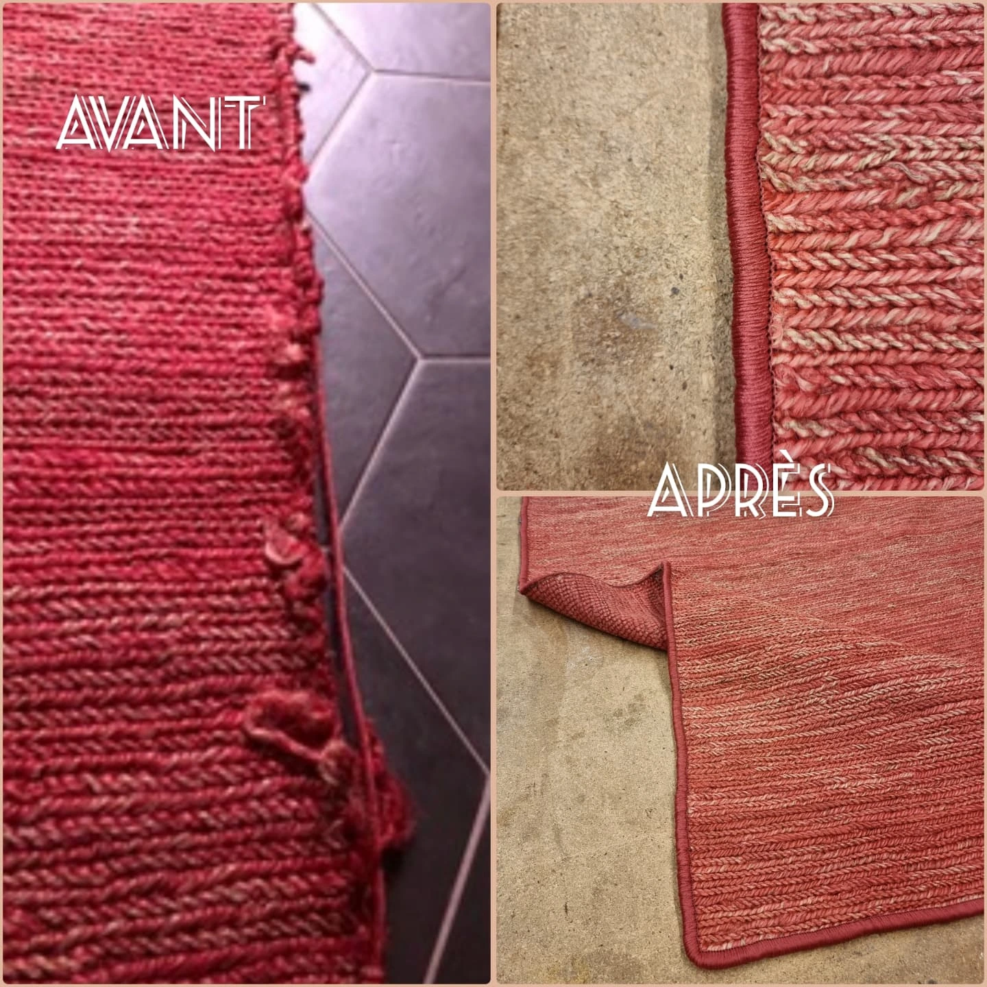 Avant après : bordage à la main d'un tapis, finition nette du bord